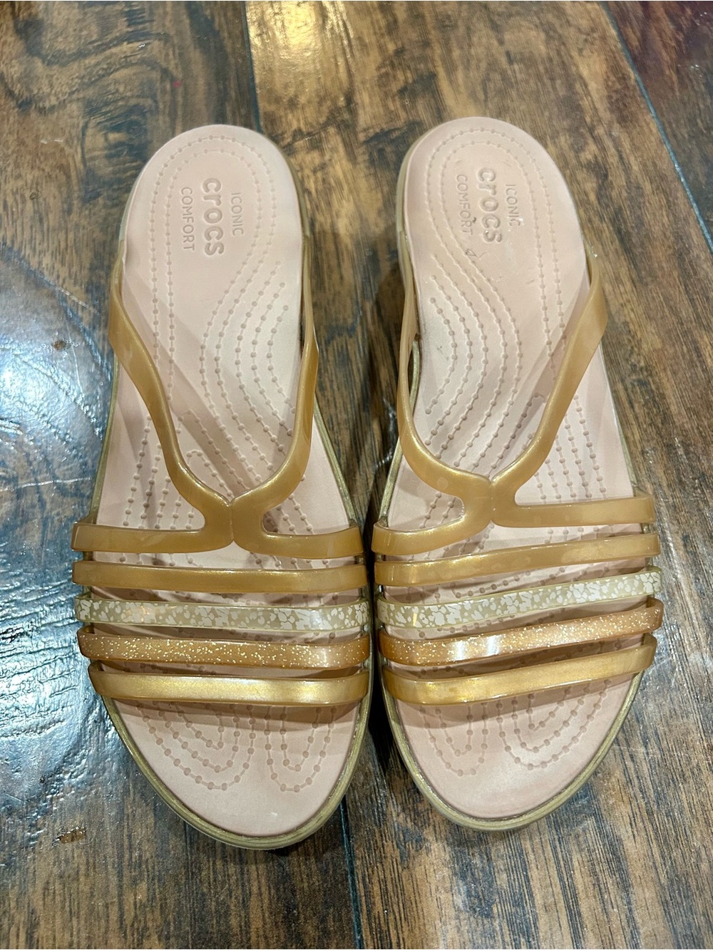 CROCS Women’s Tan and Beige Strappy Slide Sandals